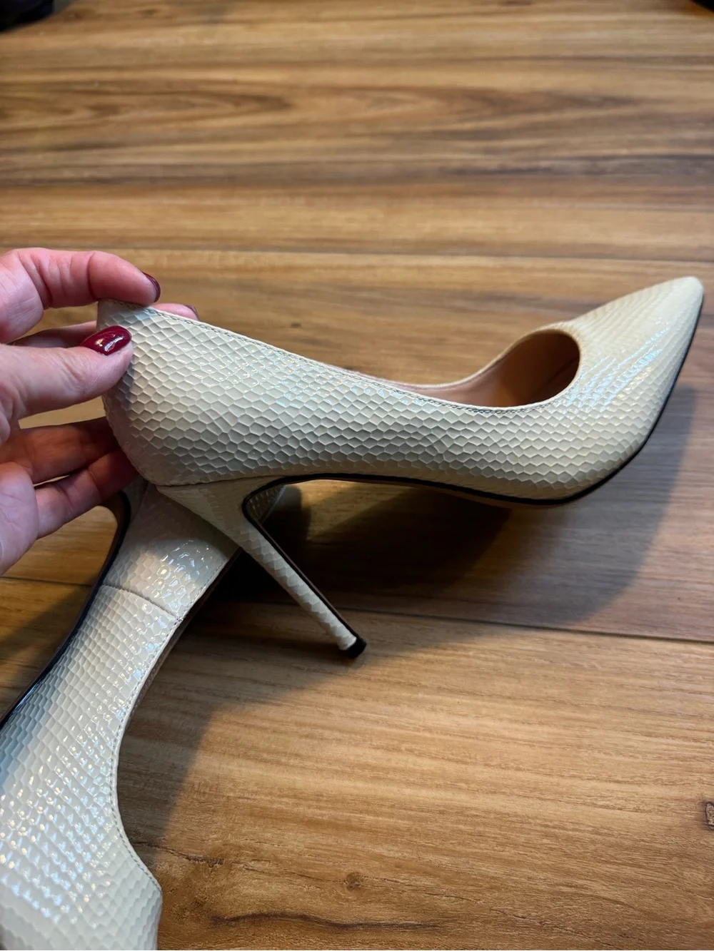Pointed-Toe Stiletto Pumps in Light Yellow Textured Finish